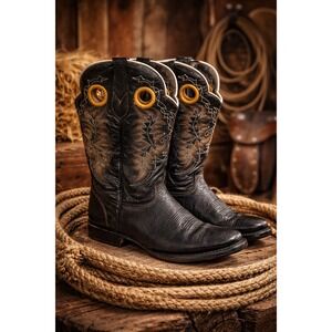 Reyme Botas Mens Black Leather Square Toe Western Cowboy Boots 10.5 Mexico